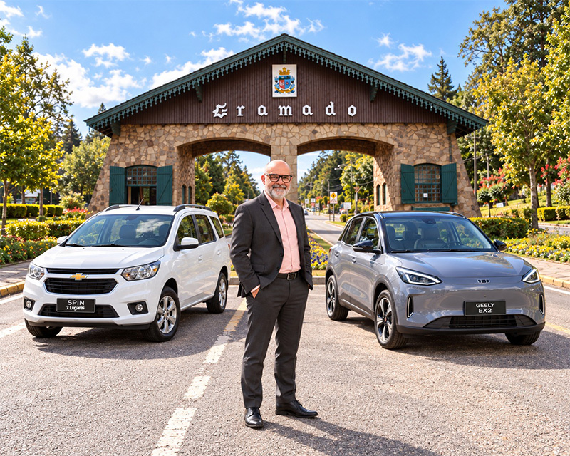 Carlos com os veículos de passeio em frente ao pórtico de Gramado